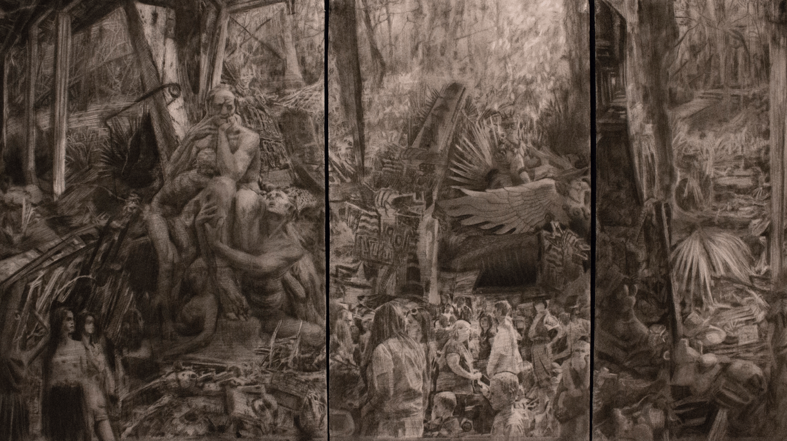 Isaac McCaslin, Garden of delightful Objects Triptych, Charcoal on Paper 31 x 17 in, on canvas, 2014